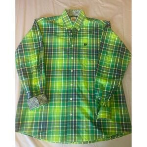 Cinch Button Down Shirt Mens M Green Plaid Western Cowboy Ranchwear